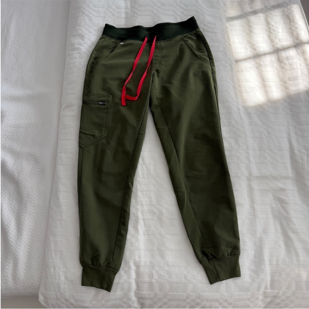 Figs Olive Cargo Jogger Pants with Red Accents